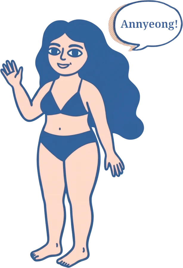 Illustration of a woman waving, saying Annyeong!